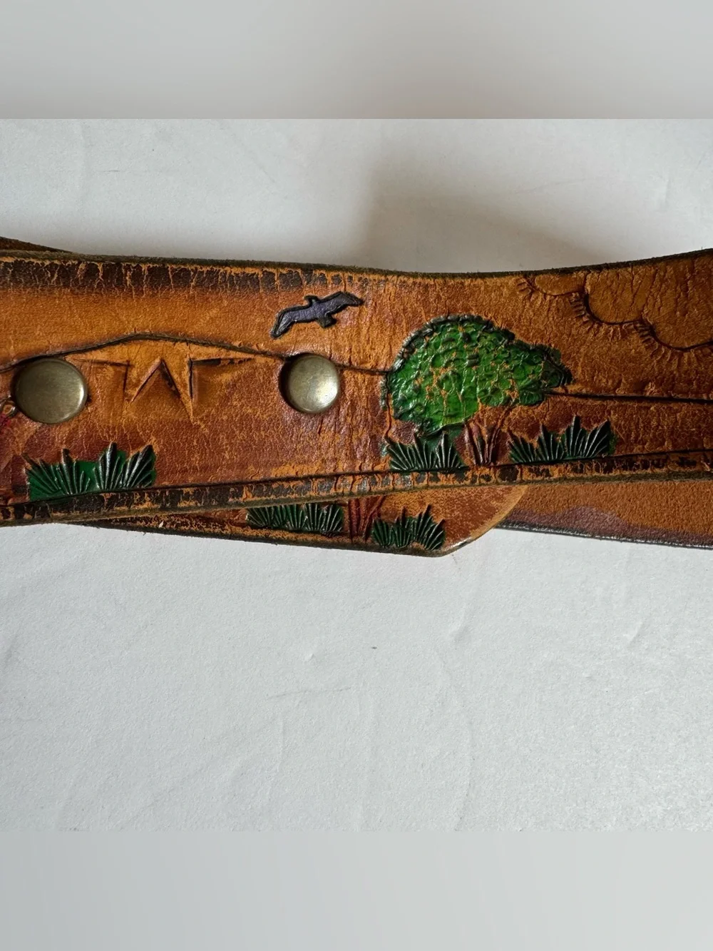 Vintage Hand Tooled Painted Western Leather Belt Horse Buckle Ranch Southwestern